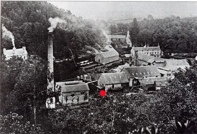 À la mort de Jean-René Bolloré, les papeteries ont déja atteint le stade industriel. On remarquera les nombreux bâtiments construits depuis 1835, ainsi que la cheminée indicatrice de la présence d'une chaudière pour la production de vapeur.